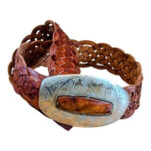 Chico's Vintage Brown Braided Leather Belt Medium Silver Buckle Boho Western